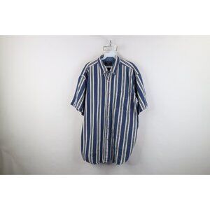 Vtg 90s Streetwear Mens Large Distressed Striped Color Block Denim Button Shirt